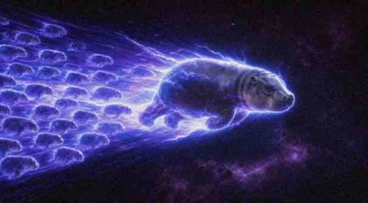 A herd of electric baby hippos following Moodeng through space