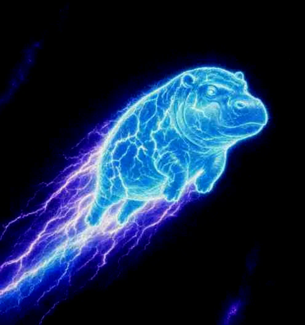 Moodeng flying through space made of lightning