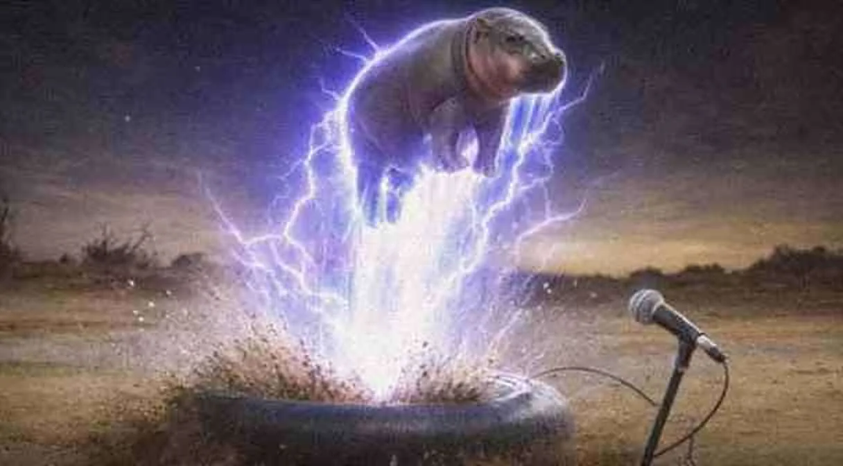 Moodeng launching off the tire in a column of lightning